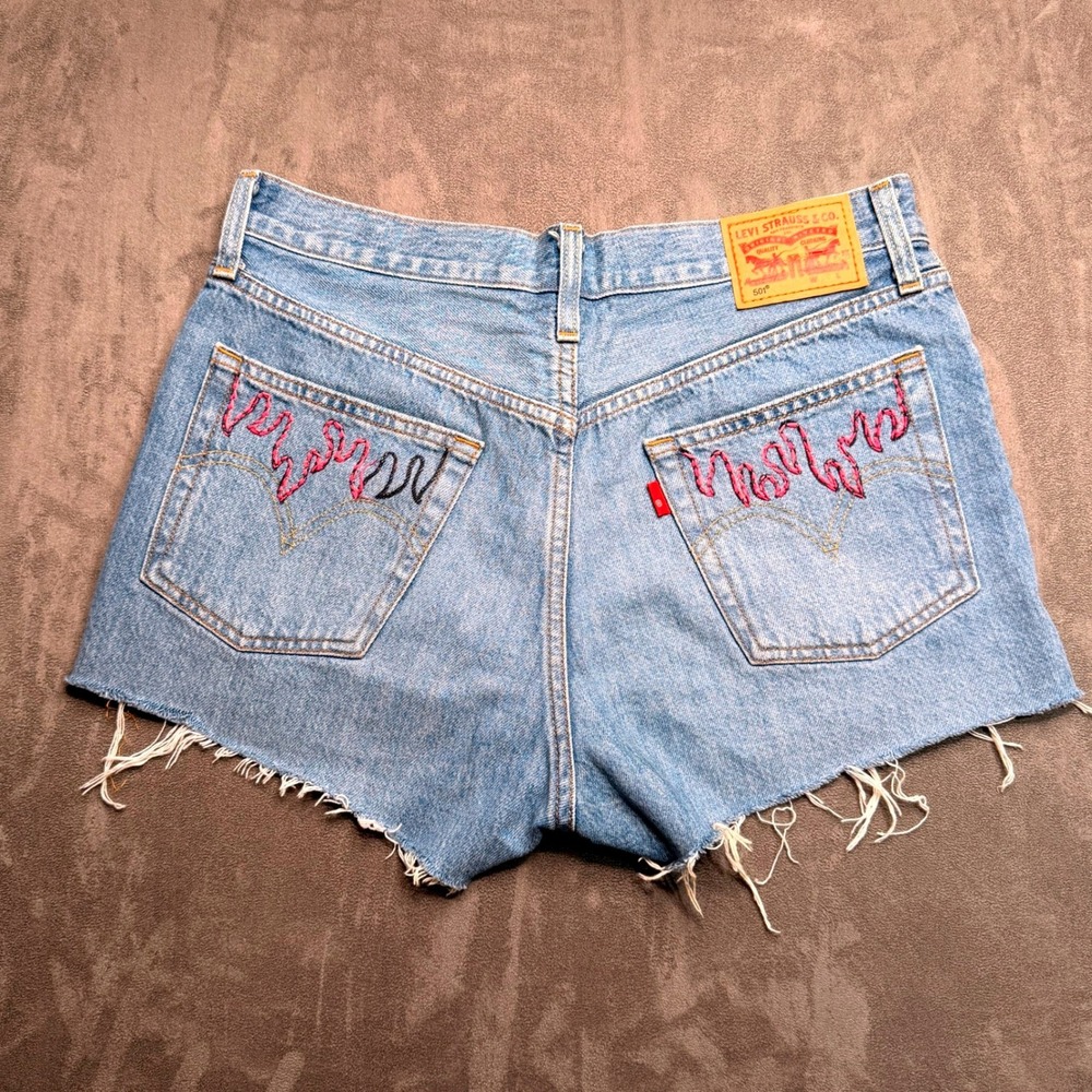 Levi's 501 Shorts Womens 28 Blue‎ Light Wash Button Fly Flame Embroidery Cut Off